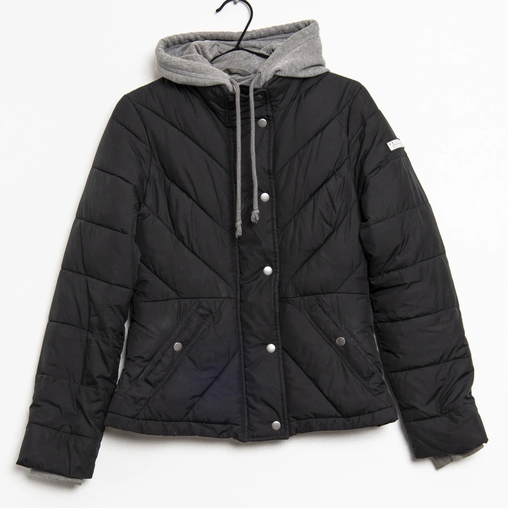 Hollister Black Puffer Jacket with Grey Hood